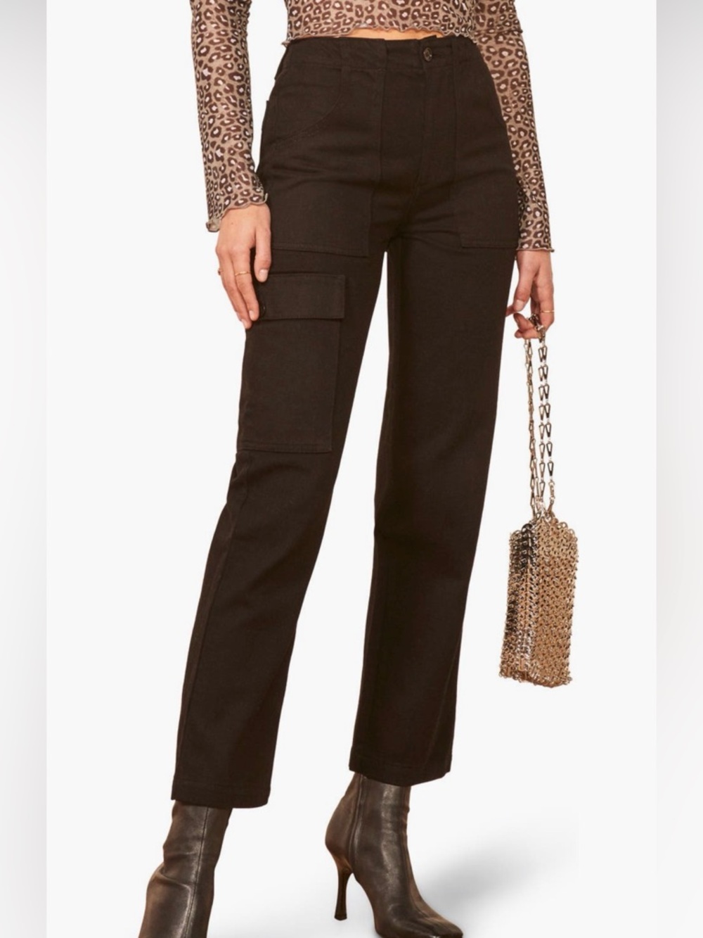 Reformation Gia Cotton Blend Cargo Pants Black Size 28 NWOT